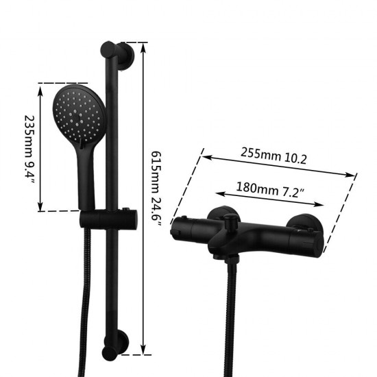 Afmeting zwarte thermostatische badkraan met glijstang