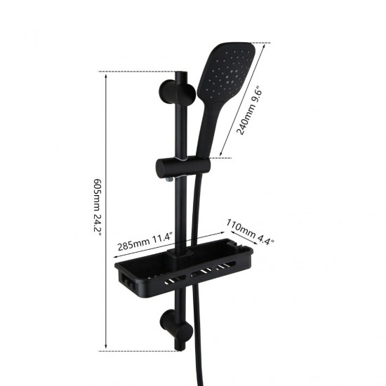 Afmetingen set zwarte glijstang badkamer met shampoo bakje