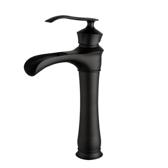 Elegante zwarte wastafelkraan met open mond